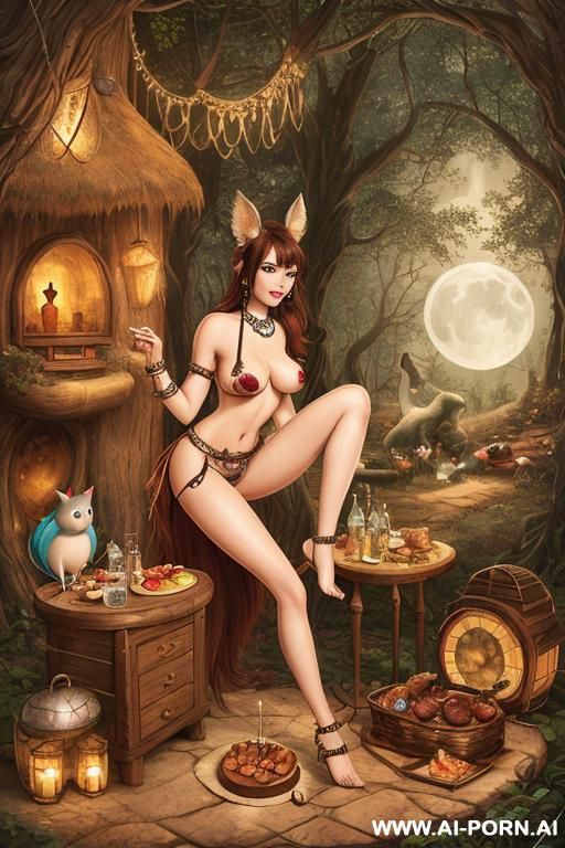 a whimsical scene of anthropomorphic woodland creatures having a picnic in a moonlit - #main