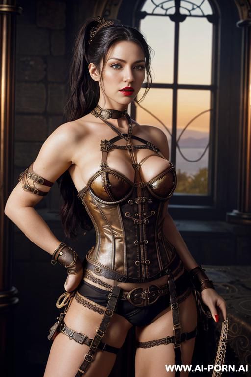 ((sex)) ((fucked)) _gorgeous, very beautiful, photorealistic, (((steampunk bondage gear))), ((topless)), goth, red lips, bright light green eyes, (open boobs, show nipples), (medieval restraint) - #main