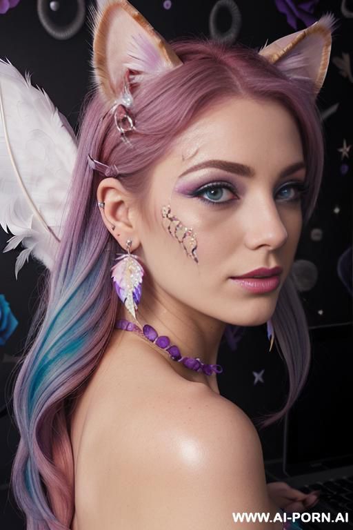 face, sexy, beautiful, ((face painting)), ((body painting)), ((bikini as seashell)), ((roses)), ((eyes shw)), ((angel wings)), ((rainbow hair)), ((glitter)), ((long bu hair)), ((heterochromia eyes)), ((wind)), - #main