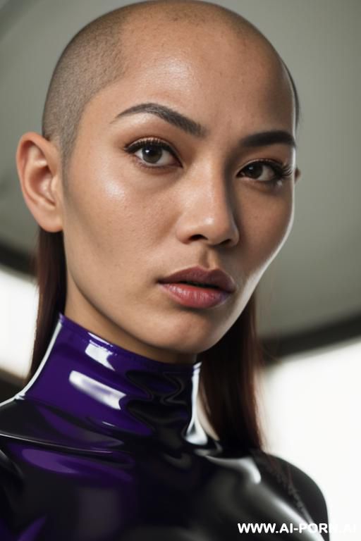 view fish eye lens view down level shot, submissive pornstar, submissive, collar, purple latex catsuit, black latex corset, perfect naked tits, big bald head, focus on her face, view fish eye lens - #main
