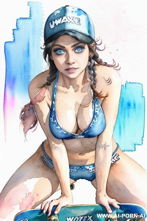 ((((at the street)))) ((((skate board)))) ((((image comic-drawing watercolor style)))) down level shot boobs in closedup ((((blue huge eyes)))) (((( gaze)))) pretty japanese woman full lips smile bending - #main