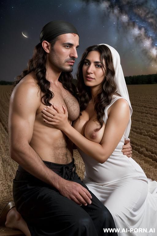 ((sacred holy mother hugging and kissing bald misogynistic bald man)) ((biblical holy mother of god)) ((completely naked)) ((wearing middle east traditional head covering veil on head)) ((man sitting - #main