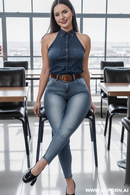 straight blue jeans, belt, oxford shoes, ((view from the ground)), spread legs - #main