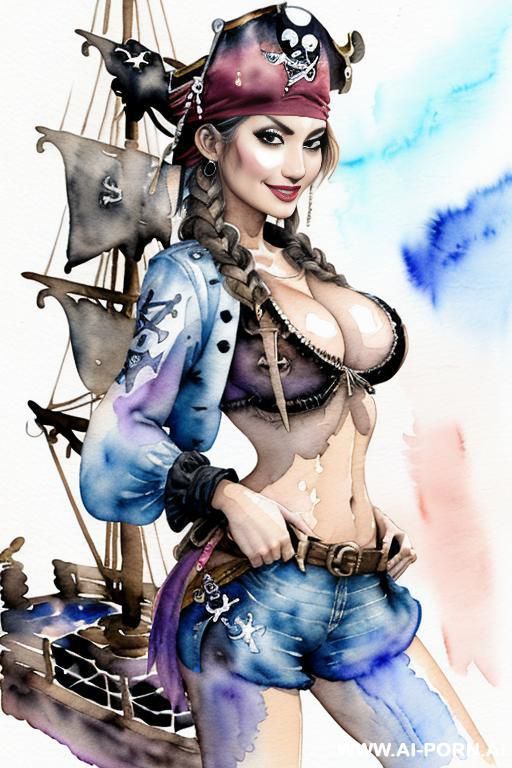((((pirate ship)))) ((((image comic-drawing cartoon watercolor style)))) ((((huge eyes)))) ((((huge tits)))) pretty japanese woman full lips smile from behind knees on leaning sexy pose , shorts fitted - #main