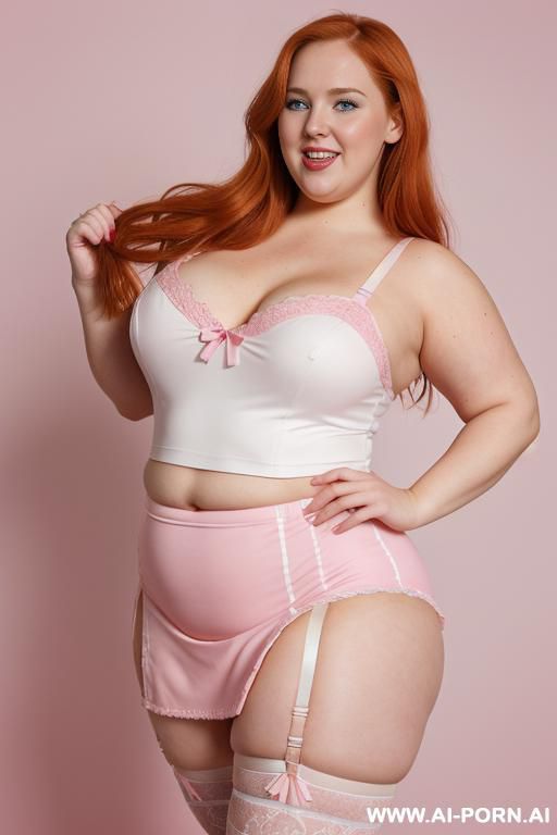 (((half body photo shot close up photo))). a (british obese fat bbw redhead), ((thick body, with tummy and love handless)). (wearing a lingerie garter belt top.) - #main
