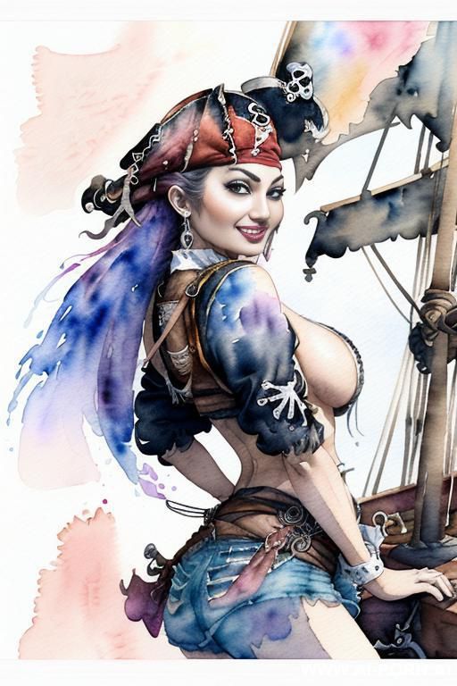 ((((pirate ship)))) ((((image comic-drawing cartoon watercolor style)))) ((((huge eyes)))) ((((huge tits)))) pretty japanese woman full lips smile from behind knees on sexy pose , shorts fitted low-rise - #main