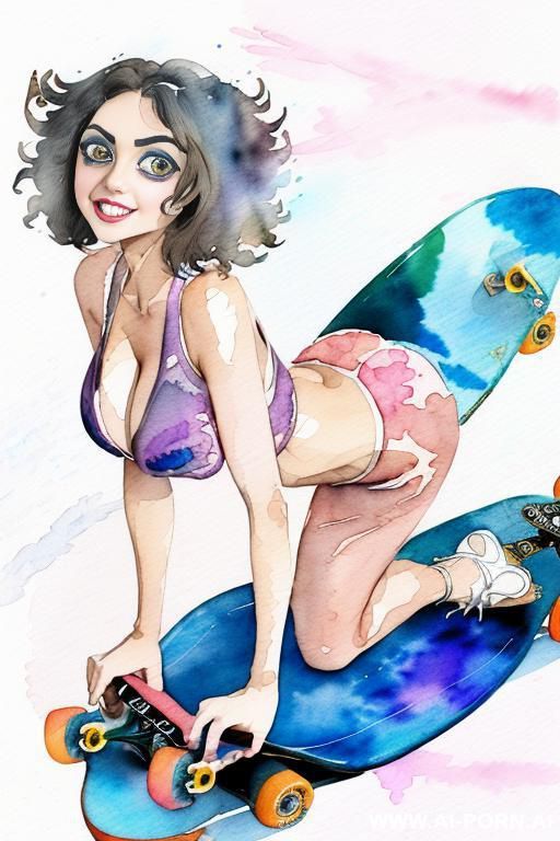 ((((skate board)))) ((((image comic-drawing watercolor style)))) ((((huge eyes)))) ((((huge tits)))) pretty japanese woman full lips smile bending over knees on , shorts leggins low-rise panties, muscle - #main