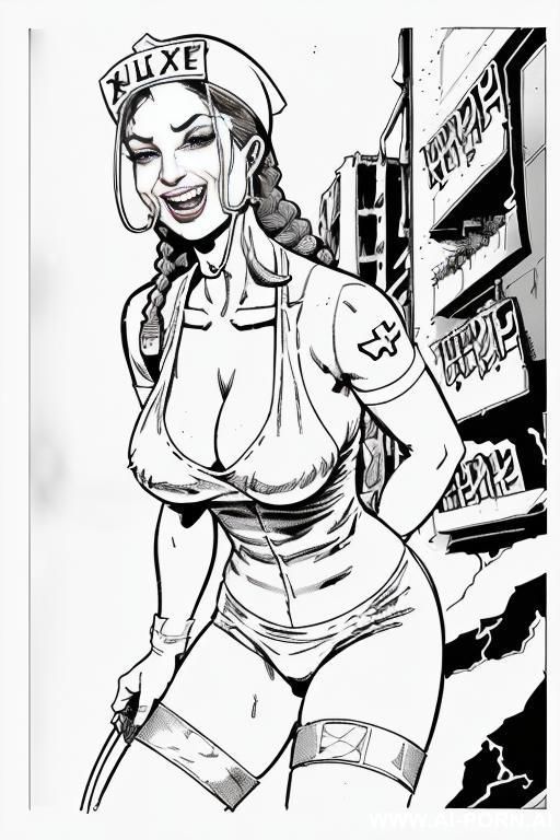 ((((image comic-drawing color cartoon style)))) down level shot boobs in closedup ((((apocalyptic city land scape)))) ((((killer nurse)))) ((((laughter)))) ((((seductive gaze)))) pretty italian woman full - #main