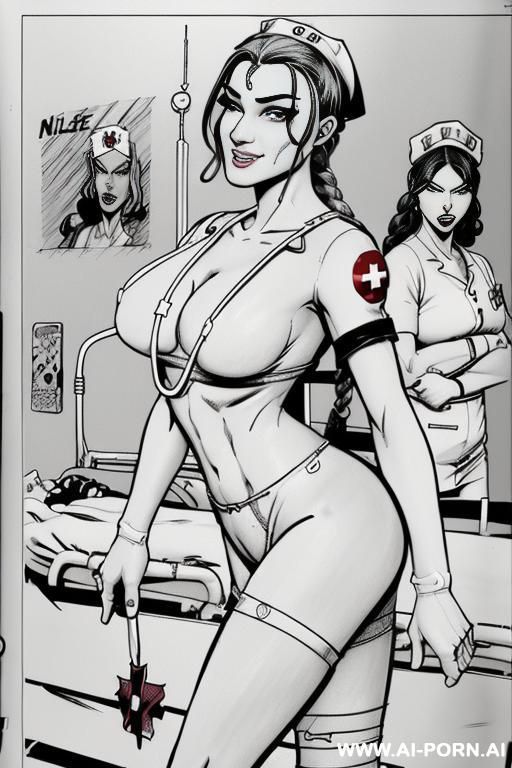 ((((image comic-drawing cartoon style)))) down level shot boobs in closedup ((((killer nurse)))) ((((apocalyptic hospital)))) ((((seductive gaze)))) pretty italian woman full lips smile shocked face bending - #main