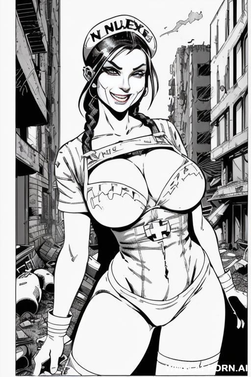 ((((image comic-drawing cartoon style)))) down level shot boobs in closedup ((((apocalyptic city land scape)))) ((((killer nurse)))) ((((laughter)))) ((((seductive gaze)))) pretty italian woman full lips - #main
