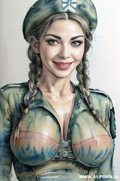 ((((image comic-drawing water color style)))) down level shot boobs in closedup ((((sky landscape)))) ((((military woman))))) (((( smile)))) ((((huge eyes)))) (((( nose)))) ((((seductive gaze)))) pretty - #main