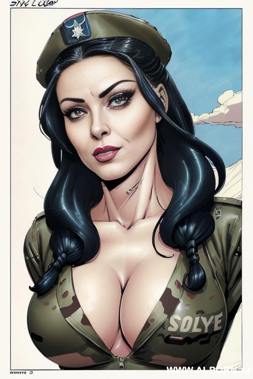 ((((image comic-drawing cartoon style)))) down level shot boobs in closedup ((((sky landscape)))) ((((military woman))))) ((((huge eyes)))) (((( nose)))) ((((seductive gaze)))) pretty italian woman full lips - #main