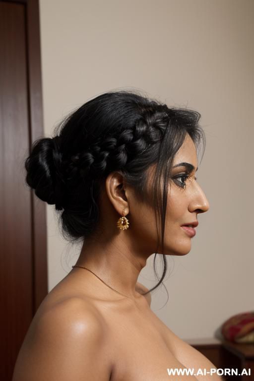 side view, nude, slutty indian milf, village beauty, bhabhi, black hair tied back in a braid, heavy boobs, naked, ((round face, round chin)), tall lean soft body, white oiled skin, full shot, light and shws, black greying hair - #main