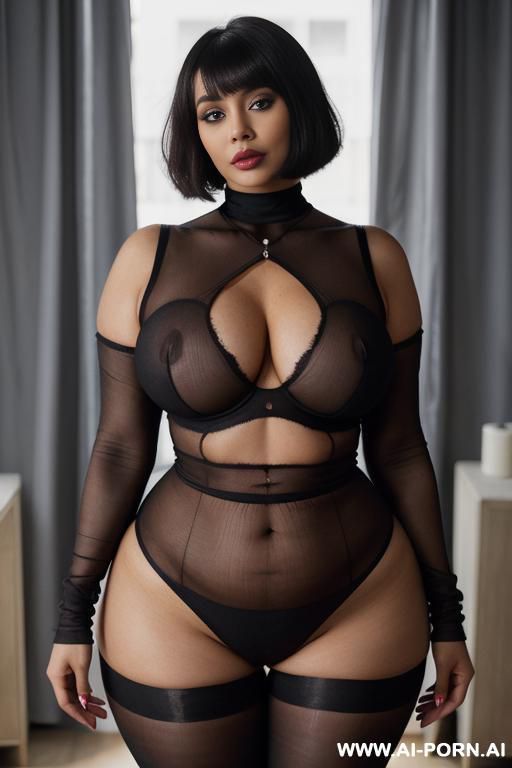 e-woman, curvy body, black lipstick, large breasts, hourglass figure, wide hips, sheer turtleneck, leggings, choker, bob cut, curvy, body, - #main