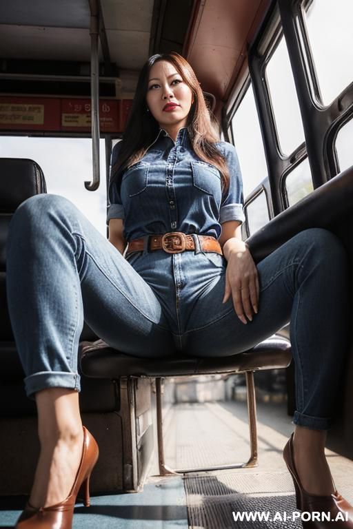 straight blue jeans, leather belt, oxford shoes, ((view from the ground)), (extra low angle)), spread legs - #main