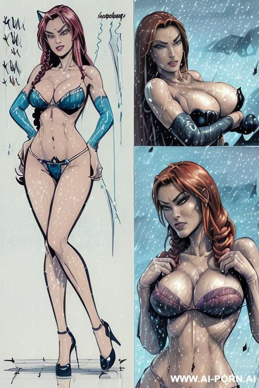 ((((in three panels))) ((((image comic-drawing cartoon style)))) down level shot boobs in closedup ((((sky landscape raining)))) ((((sexy killer vixen)))) ((((seductive gaze)))) pretty italian woman full - #main