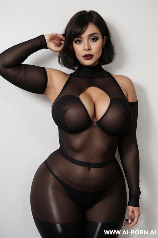 e-woman, curvy body, black lipstick, large breasts, hourglass figure, wide hips, sheer turtleneck, leggings, choker, bob cut, curvy, body, - #main