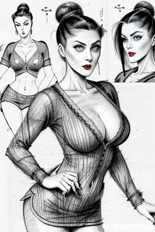 ((((in one panel))) ((((each panel a different pose sexy)))) ((((image comic-drawing pencil style)))) down level shot boobs in closedup ((((landscape office)))) ((((office woman)))) ((((seductive gaze)))) - #main