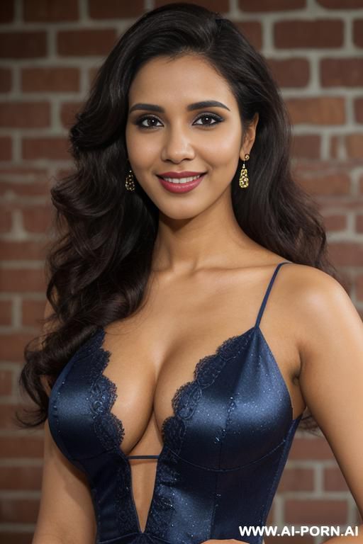 dark blue low cut bangladeshi dress , oval office, brick wall background , lean, (photorealistic), (ultra detailed photo), (hyper realistic photo), busty, (asin ), hud3, cleavage - #main