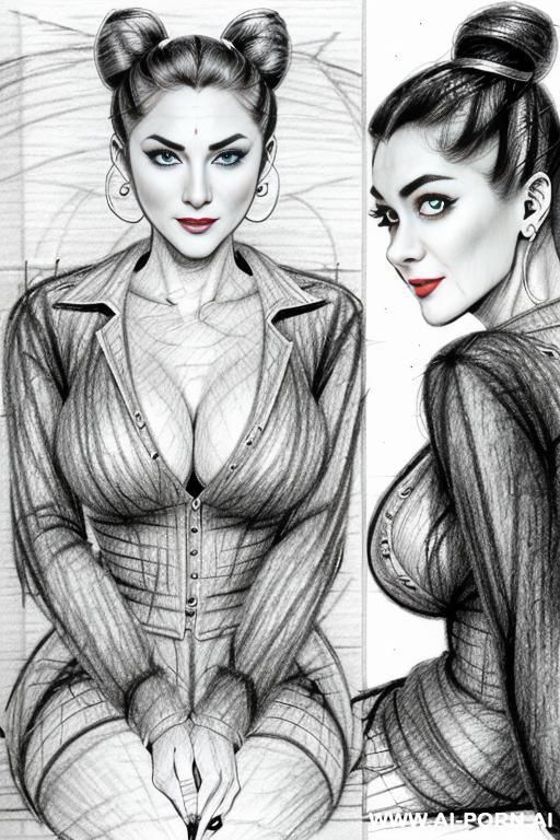 ((((in two panels))) ((((each panel a different pose sexy)))) ((((image comic-drawing pencil style)))) down level shot boobs in closedup ((((landscape office)))) ((((office woman)))) ((((siting)))) - #main