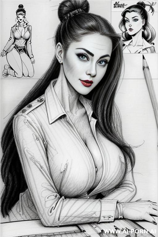 ((((in two panels))) ((((each panel a different pose sexy)))) ((((image comic-drawing pencil style)))) down level shot boobs in closedup ((((landscape office)))) ((((office woman)))) ((((siting on descktop - #main