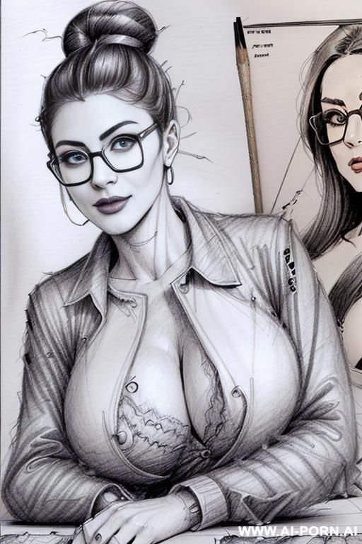 ((((on different panels))) ((((each panel a different pose sexy)))) ((((image comic-drawing pencil style)))) down level shot boobs in closedup ((((landscape office)))) ((((office woman)))) ((((siting on - #main