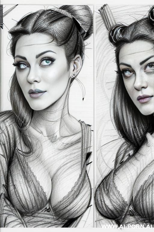 ((((in two panels))) ((((each panel a different pose sexy)))) ((((image comic-drawing pencil style)))) down level shot boobs in closedup ((((landscape office)))) (((( office woman)))) ((((seductive - #main