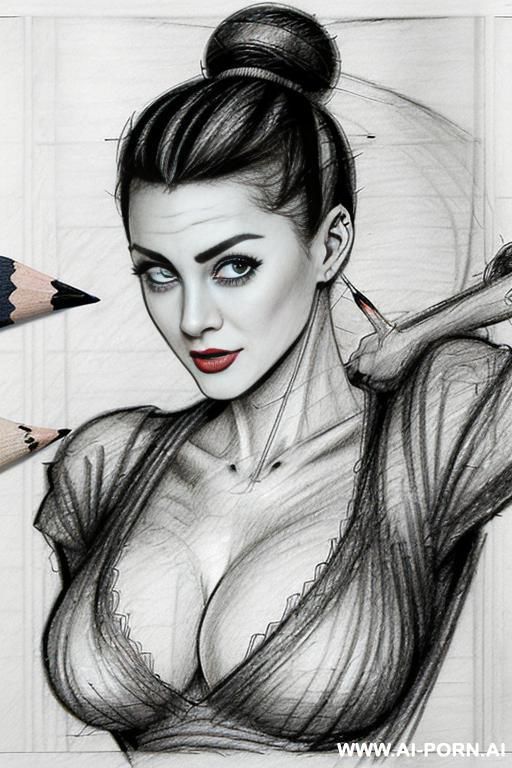 ((((in two panels))) ((((each panel a different pose sexy talking)))) ((((image comic-drawing pencil style)))) down level shot boobs in closedup ((((landscape office)))) (((( office woman)))) ((((seductive - #main