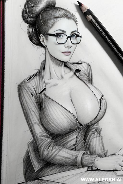 ((((full body shot)))) ((((in two panels))) ((((each panel a different pose sexy)))) ((((image comic-drawing pencil style)))) down level shot boobs in closedup ((((landscape office)))) ((((office woman)))) - #main