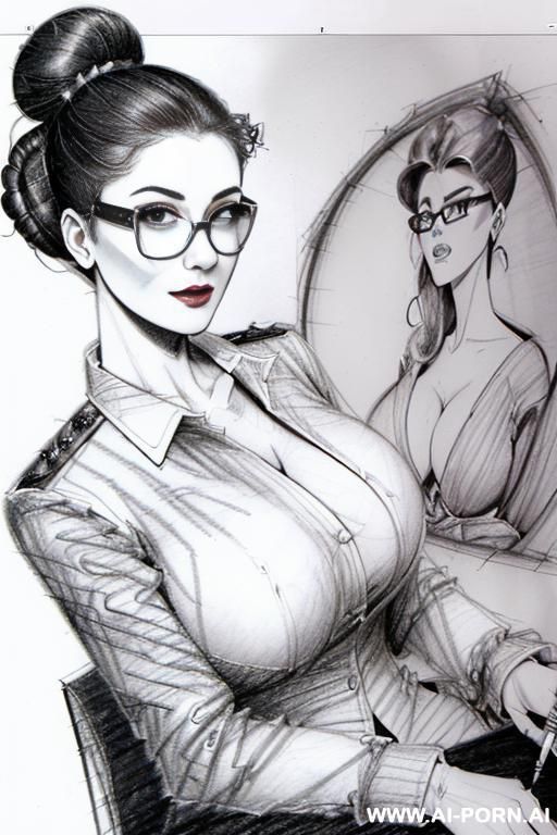 ((((full body shot)))) ((((in two panels))) ((((each panel a different hair cut)))) ((((image comic-drawing pencil style)))) down level shot boobs in closedup ((((landscape office)))) ((((office woman)))) - #main