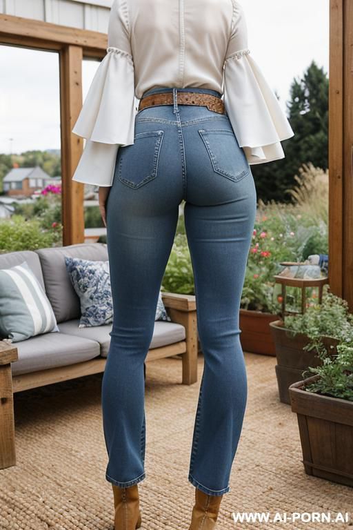 milf, vintage bootcut blue jeans, belt, short flats boots, lean twerking, ((view from the ground)), spreading legs, ((garden living room)), from behind - #main