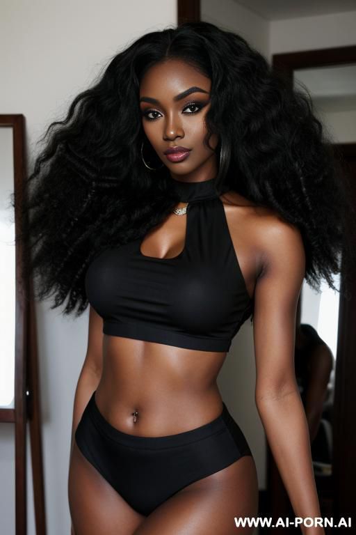 ebony skin, big eyes, big cheekbones, long curly hair, heavy eye makeup, crop top, eye contact, full body mirror shot - #main