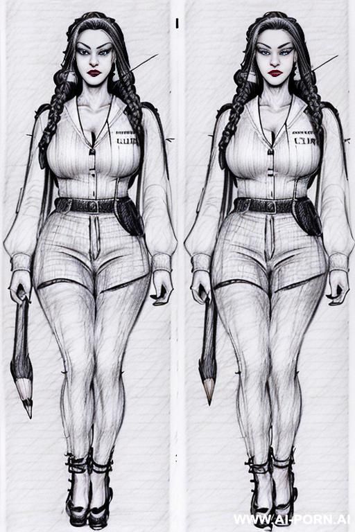 ((((full body shot)))) ((((in two panels))) ((((each panel a different pose sexy)))) ((((image comic-drawing pencil style)))) down level shot ((((landscape office)))) ((((security guard)))) ((((walking sexy - #main