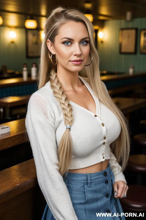 a woman with long blonde hair in a ponytail and cup size d breasts. she has a round face, a seductive look, a nose, blue eyes, straight eyebrows, smokey eyeshadow and giant hoop earrings. - #main