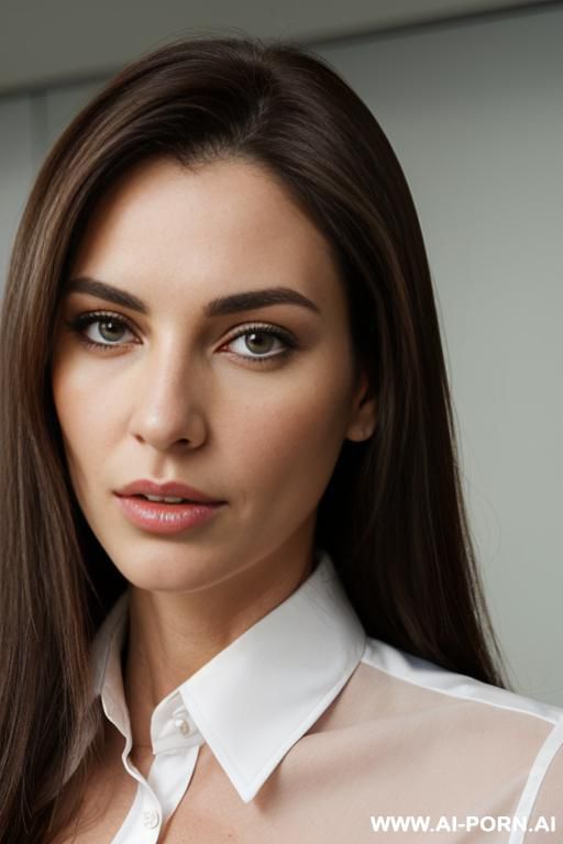 ((milfy body)), ((office shirt)), pencil skirt, straight brunette hair, ((pretty model face)), ((extreme close shot)) - #main