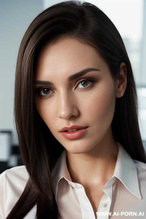 ((mily body)), ((office shirt)), pencil skirt, straight brunette hair, ((pretty model face)), ((extreme close shot)) - #main
