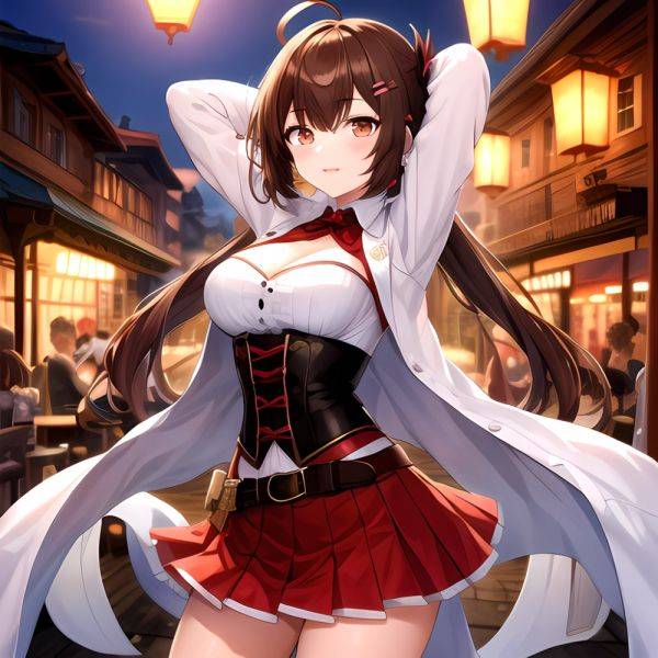 Nanashi Mumei Nanashi Mumei 1st Costume 1girl Ahoge Arms Behind Head Arms Up Belt Brown Corset Brown Eyes Brown Hair, 1792646674 - AIHentai - aihentai.co on pornintellect.com