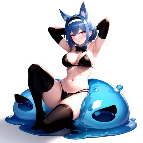1girl Animal Ears Armpits Arms Behind Head Black Bow Black Bowtie Black Gloves Black Hairband Black Thighhighs Blue Skin Blunt, 548067419 - AIHentai - aihentai.co on pornintellect.com