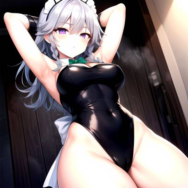 Izayoi Sakuya 1girl Armpits Blue Leotard Bow Braid Breasts Expressionless Gloves Green Bow Grey Hair Large Breasts Latex Latex G, 3895657118 - AIHentai - aihentai.co on pornintellect.com