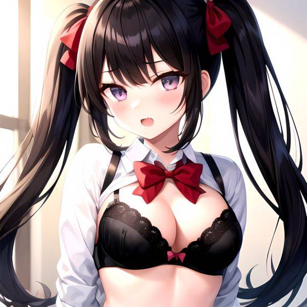 1girl Black Eyes Black Hair Blush Bow Bowtie Bra Breasts Center Opening Cleavage Collared Shirt Fang Grey Bra Hair Intakes, 2337509119 - AIHentai - aihentai.co on pornintellect.com
