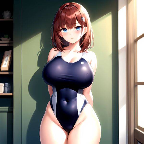 Takarada Rikka 1girl Against Wall Blue Eyes Blush Breasts Collarbone Competition Swimsuit Curvy Groin Highleg Huge Breasts Indoo, 3107361224 - AIHentai - aihentai.co on pornintellect.com