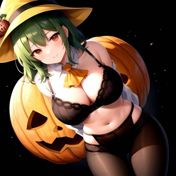 Pumpkins Halloween Kazami Yuuka 1girl Arms Behind Back Ascot Black Background Black Bra Black Panties Black Pantyhose Bra Breast, 161677796 - AIHentai - aihentai.co on pornintellect.com