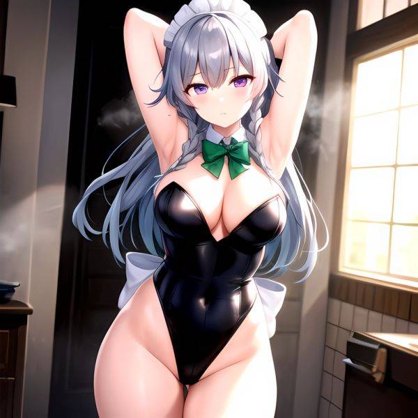 Izayoi Sakuya 1girl Armpits Blue Leotard Bow Braid Breasts Expressionless Gloves Green Bow Grey Hair Large Breasts Latex Latex G, 3670496159 - AIHentai - aihentai.co on pornintellect.com