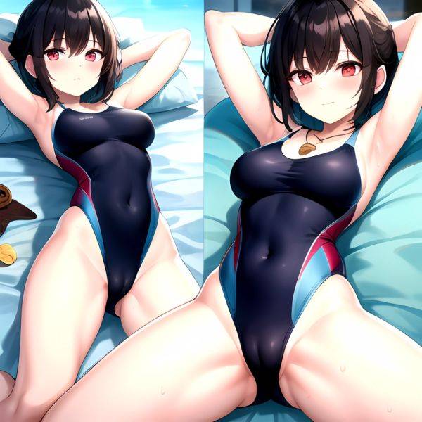 Tutinako Morino Rinze 1girl Black Hair Blush Closed Mouth Competition Swimsuit Covered Navel Heart Jewelry Looking At Self Lying, 2946623749 - AIHentai - aihentai.co on pornintellect.com
