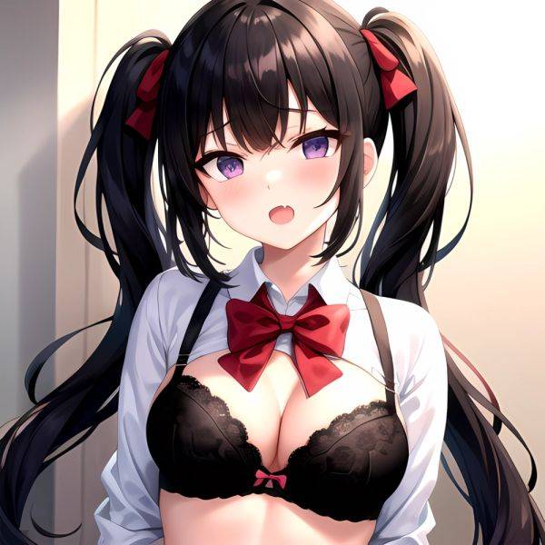 1girl Black Eyes Black Hair Blush Bow Bowtie Bra Breasts Center Opening Cleavage Collared Shirt Fang Grey Bra Hair Intakes, 1734000817 - AIHentai - aihentai.co on pornintellect.com