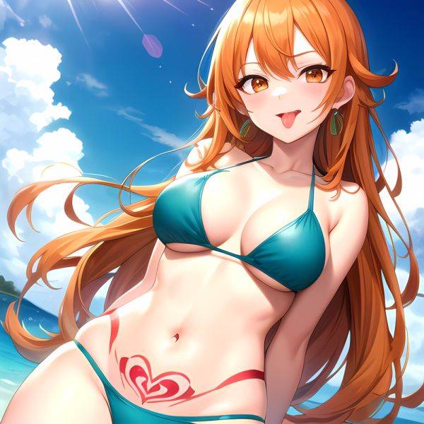 Nami One Piece 1girl Bare Arms Bare Shoulders Bikini Breasts Earrings Green Bikini Groin Jewelry Large Breasts Long Hair Looking, 4133263547 - AIHentai - aihentai.co on pornintellect.com