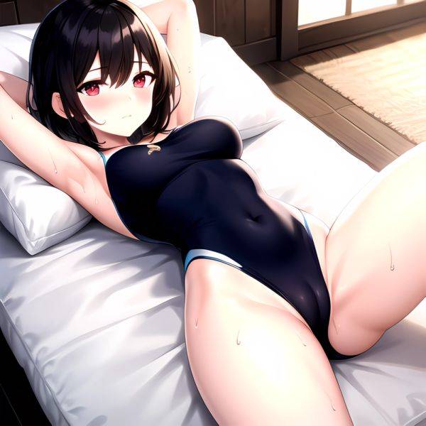 Tutinako Morino Rinze 1girl Black Hair Blush Closed Mouth Competition Swimsuit Covered Navel Heart Jewelry Looking At Self Lying, 3504501506 - AIHentai - aihentai.co on pornintellect.com