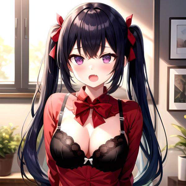 1girl Black Eyes Blue Hair Blush Bow Bowtie Bra Breasts Center Opening Cleavage Collared Shirt Fang Black Bra Hair Intakes, 2799602227 - AIHentai - aihentai.co on pornintellect.com