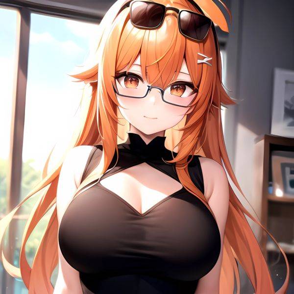 Ichijou Ririka 1girl Ahoge Breasts Eyewear On Head Glasses Hair Ornament Hairpin Large Breasts Multicolored Hair Orange Eyes Ora, 740257794 - AIHentai - aihentai.co on pornintellect.com