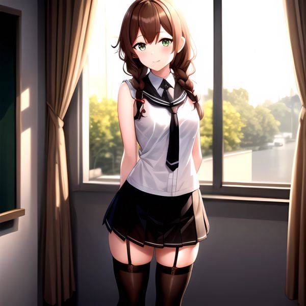 Noshiro Kancolle 1girl Anchor Symbol Asymmetrical Legwear Black Necktie Black Thighhighs Braid Brown Hair Garter Straps Green Ey, 3554831389 - AIHentai - aihentai.co on pornintellect.com